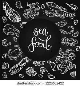 A set of seafood, restaurant design, menu design, fish, clams, oysters, lobster, langoustine, crab, shrimp, mussels. Illustration, lettering, vector