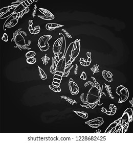 A set of seafood, restaurant design, menu design, fish, clams, oysters, lobster, langoustine, crab, shrimp, mussels. Illustration, vector