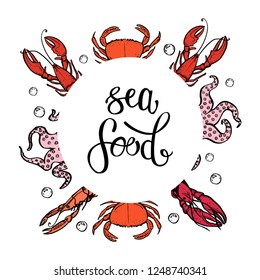 A set of seafood, restaurant design, menu design, fish, clams, oysters, lobster, langoustine, crab, shrimp, mussels. Illustration, lettering, vector