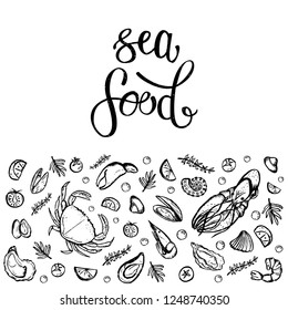 A set of seafood, restaurant design, menu design, fish, clams, oysters, lobster, langoustine, crab, shrimp, mussels. Illustration, lettering, vector