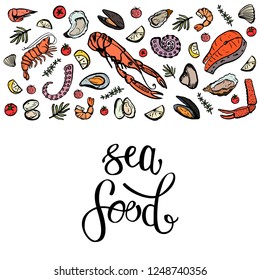 A set of seafood, restaurant design, menu design, fish, clams, oysters, lobster, langoustine, crab, shrimp, mussels. Illustration, lettering, vector