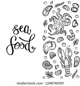 A set of seafood, restaurant design, menu design, fish, clams, oysters, lobster, langoustine, crab, shrimp, mussels. Illustration, lettering, vector