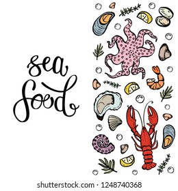 A set of seafood, restaurant design, menu design, fish, clams, oysters, lobster, langoustine, crab, shrimp, mussels. Illustration, lettering, vector