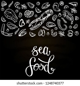 A set of seafood, restaurant design, menu design, fish, clams, oysters, lobster, langoustine, crab, shrimp, mussels. Illustration, lettering, vector