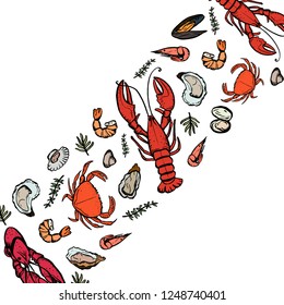 A set of seafood, restaurant design, menu design, fish, clams, oysters, lobster, langoustine, crab, shrimp, mussels. Illustration, lettering, vector