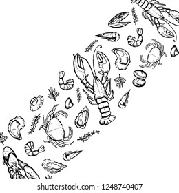 A set of seafood, restaurant design, menu design, fish, clams, oysters, lobster, langoustine, crab, shrimp, mussels. Illustration, lettering, vector
