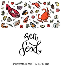 A set of seafood, restaurant design, menu design, fish, clams, oysters, lobster, langoustine, crab, shrimp, mussels. Illustration, lettering, vector