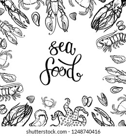 A set of seafood, restaurant design, menu design, fish, clams, oysters, lobster, langoustine, crab, shrimp, mussels. Illustration, lettering, vector