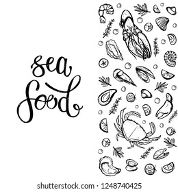 A set of seafood, restaurant design, menu design, fish, clams, oysters, lobster, langoustine, crab, shrimp, mussels. Illustration, lettering, vector