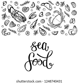 A set of seafood, restaurant design, menu design, fish, clams, oysters, lobster, langoustine, crab, shrimp, mussels. Illustration, lettering, vector