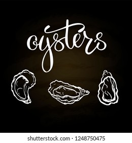 A set of seafood, restaurant design, menu design, fish, clams, oysters, lobster, langoustine, crab, shrimp, mussels. Illustration, lettering, vector