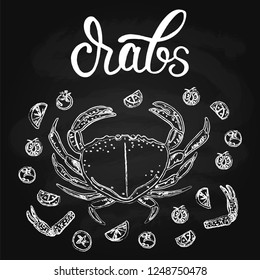A set of seafood, restaurant design, menu design, fish, crab, seafood. Illustration, lettering, vector