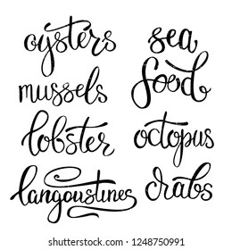 A set of seafood, restaurant design, menu design, fish, clams, oysters, lobster, langoustine, crab, shrimp, mussels. Illustration, lettering, 