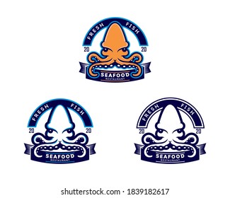 Set of seafood restaurant logo, templates, badges and design elements. Isolated Background Vector illustration