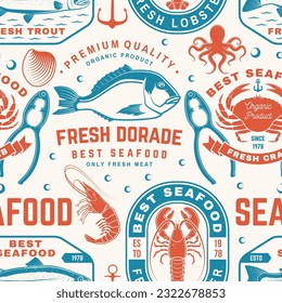 Set of seafood seamless pattern. Fresh tuna, octopus, trout, shrimp, dressed crab, mussels and clams. Vector. For background or wallpaper with tuna, trout, shrimp, octopus, crab, mussels and clams