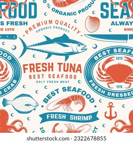 Set of seafood seamless pattern. Fresh tuna, octopus, trout, shrimp, dressed crab, mussels and clams. Vector. For background or wallpaper with tuna, trout, shrimp, octopus, crab, mussels and clams