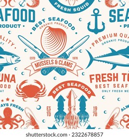 Set of seafood seamless pattern. Fresh tuna, octopus, trout, shrimp, dressed crab, mussels and clams. Vector. For background or wallpaper with tuna, trout, shrimp, octopus, crab, mussels and clams