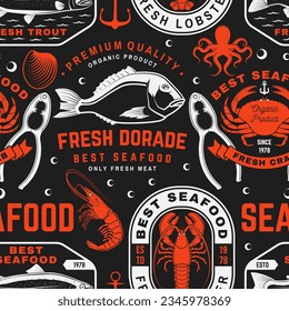 Set of seafood seamless pattern. Fresh tuna, octopus, trout, shrimp, dressed crab, mussels and clams. Vector. For background or wallpaper with tuna, trout, shrimp, octopus, crab, mussels and clams.