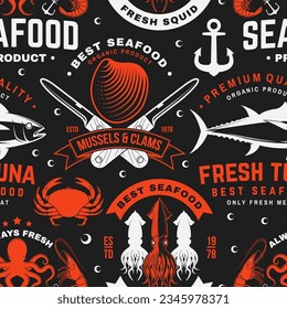 Set of seafood seamless pattern. Fresh tuna, octopus, trout, shrimp, dressed crab, mussels and clams. Vector. For background or wallpaper with tuna, trout, shrimp, octopus, crab, mussels and clams.