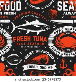 Set of seafood seamless pattern. Fresh tuna, octopus, trout, shrimp, dressed crab, mussels and clams. Vector. For background or wallpaper with tuna, trout, shrimp, octopus, crab, mussels and clams.