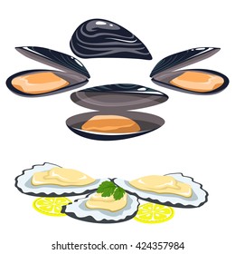 Set of seafood. The shells of oysters and mussels, lemon and lime slices. parsley leaves on the sink. Healthy eating.