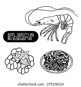 set seafood with shrimp, spaghetti with shrimp . vector