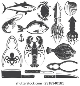 Conjunto de siluetas de marisco siluetas de iconos planos. Formas animales marinas. Mundo submarino. El conjunto incluye cuchillo de cocina, concha, moluscos, mejillones, pulpo, calamar, cangrejo, atún, langosta, camarón, dorado