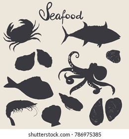 Set of seafood silhouettes for restaurant menu: fish, seashell octopus etc.