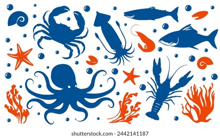 Set von Meeresfrüchte-Silhouetten. Einfache Symbole von Meerestieren. Kraken, Krabben, Fische, Garnelen, Kalmare, Muscheln und Seesterne. Unterwasserwelt. Cartoon flache Vektor-Illustrationen isoliert auf weißem Hintergrund