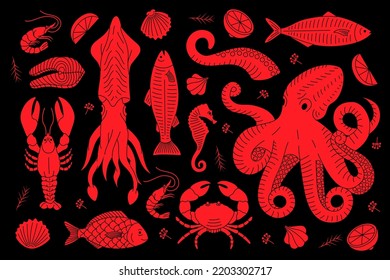 Set of seafood sketch. Marine delicacy banner. Underwater animals hand drawn illustration. Fishes, lobster, squid, octopus, prawns, crab.