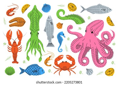 Set of seafood sketch. Sea animal colored line banner. Seafood meal menu illustration. Fishes, lobster, squid, octopus, crab, prawns, fish fillet.