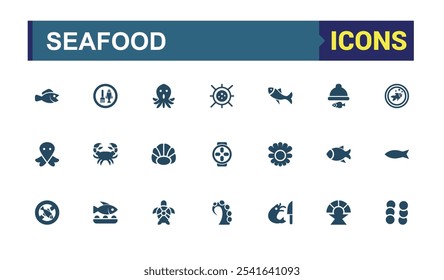 Set of Seafood solid icons. Containing eel, water, baked, prawn, baked fish, seafood soup, cooking and more. Isolated icons design.