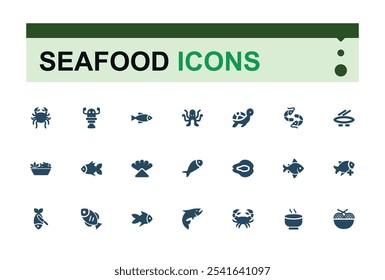 Set of Seafood solid icons. Containing eel, water, baked, prawn, baked fish, seafood soup, cooking and more. Isolated icons design.