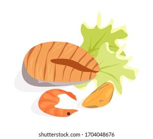 set with seafood steak and salad