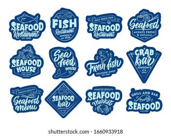 Set of Seafood stickers, patches. Blue badges, emblems, stamps for on white background. Collection of retro logos with hand-drawn text, phrases. Vector illustration