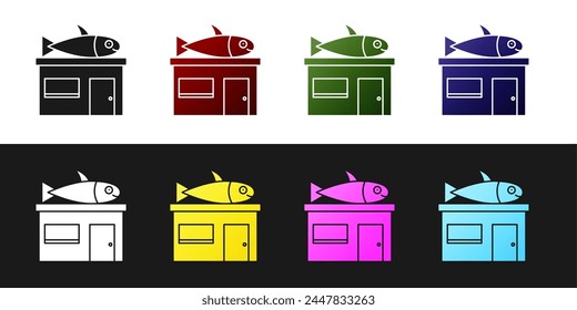 Set Seafood store icon isolated on black and white background. Facade of seafood market.  Vector