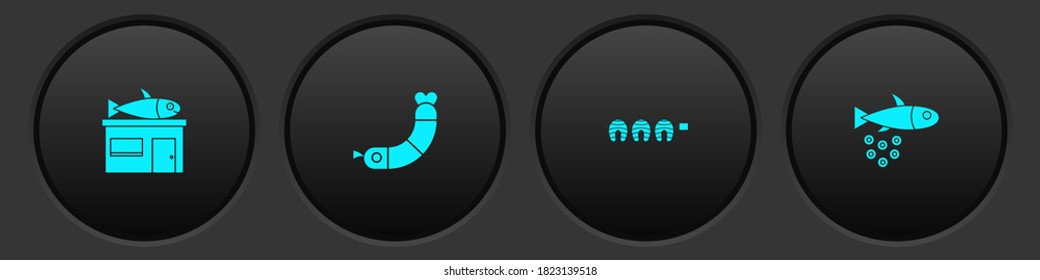 Set Seafood store, Shrimp, Grilled fish steak and Fish with caviar icon. Vector.