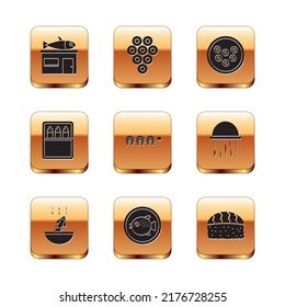 Set Seafood store, Soup with octopus, Puffer fish on plate, Grilled steak, Canned, Caviar, Sushi and  icon. Vector