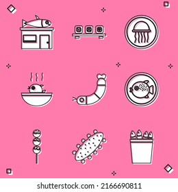 Tienda de mariscos, Sushi en la tabla de cortar, Placa de medusas, sopa de Puffer, gambas, garrote de Takoyaki e ícono de pepino. Vector