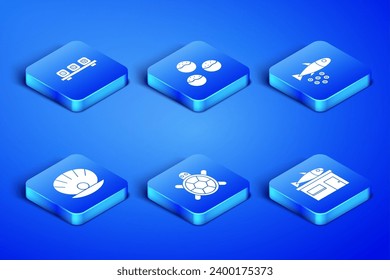 Set Seafood store, Sushi on cutting board, Turtle, Shell with pearl, Takoyaki and Fish caviar icon. Vector