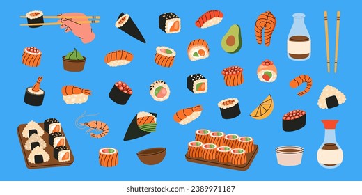 Set of seafood sushi. Ikura sushi, tobiko maki, philadelphia roll, onigiri, shrimp nigiri, tekkamaki tuna roll, futomaki, sake temaki, soy bowl