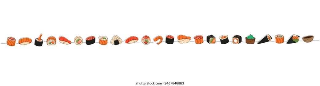 Set of seafood sushi rolls. Japanese cuisine, traditional food one line drawing. Ikura sushi, tobiko maki, onigiri, shrimp nigiri, soy bowl, vasabi