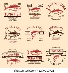 Set of seafood tuna labels. Design element for logo, emblem, sign, poster. Vector illustration