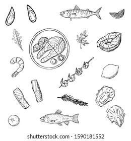 Set of seafood. Vector cartoon illustrations. Isolated objects on a white background. Hand-drawn style.