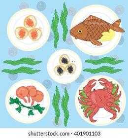 Set seafood. Vector illustration. Delicacy. Set: sea fish, crab, shrimp, red and black caviar, seaweed