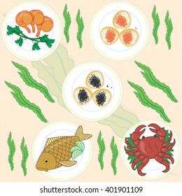Set seafood. Vector illustration. Delicacy. Set: sea fish, crab, shrimp, red and black caviar, seaweed