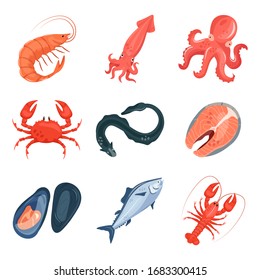 Set of seafood vector illustration isolated on white background. Shrimp, octopus, squid, crab, eel, steak, mussels, fish, cancer. 