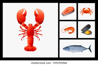 set of seafoods. Vector icons of lobster, mussel, fish salmon, shrimp, prawn, crab and tuna.