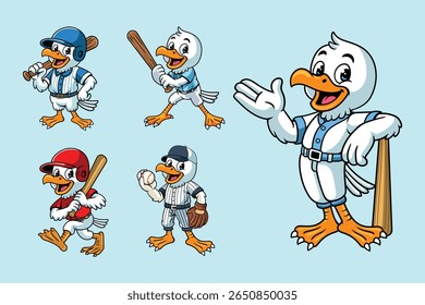 Set of Seagull Baseball Sport Mascot in Cartoon Character Illustration
