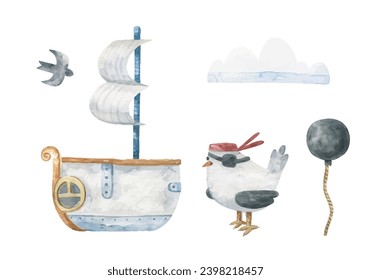 Set of seagull pirate and ship with sails. Marine set. Cute baby illustration for print and design